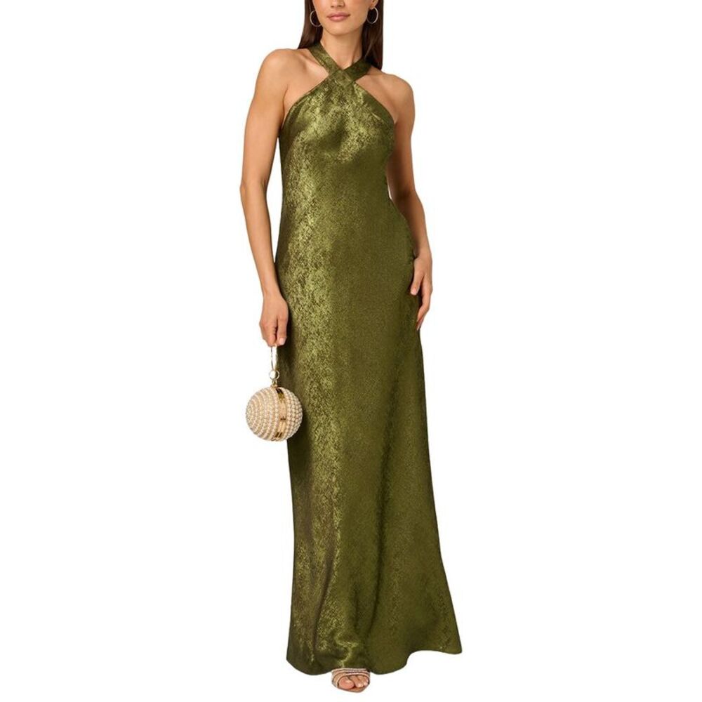 Adrianna Papell Womens Foiled Woven Halter Gown, Green